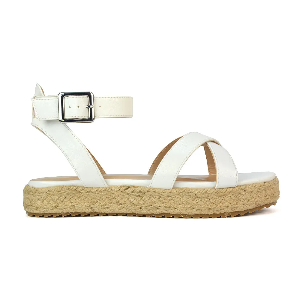 Fran Flatform Strappy Espadrille Flat Summer Sandals In White Synthetic Leather