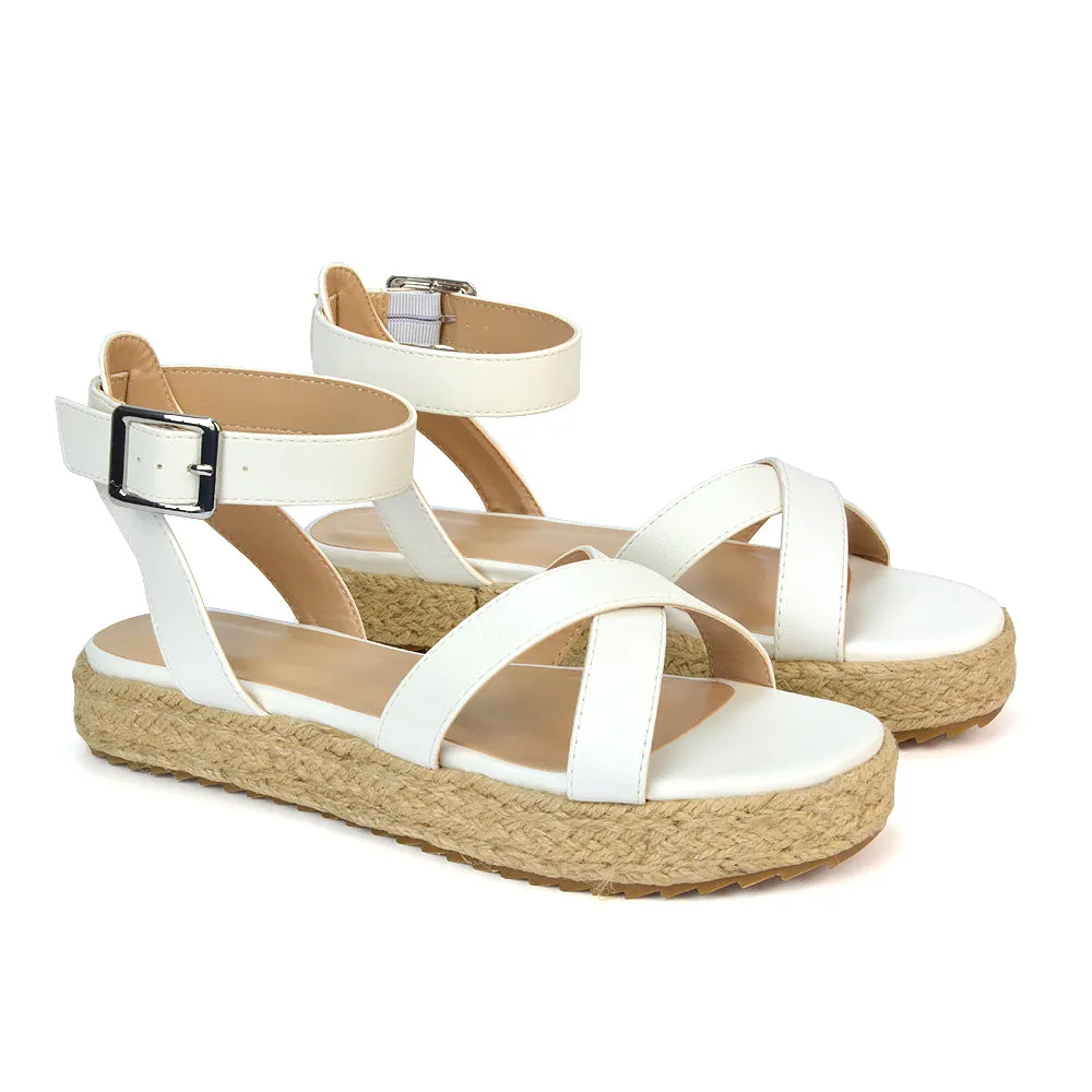 Fran Flatform Strappy Espadrille Flat Summer Sandals In White Synthetic Leather