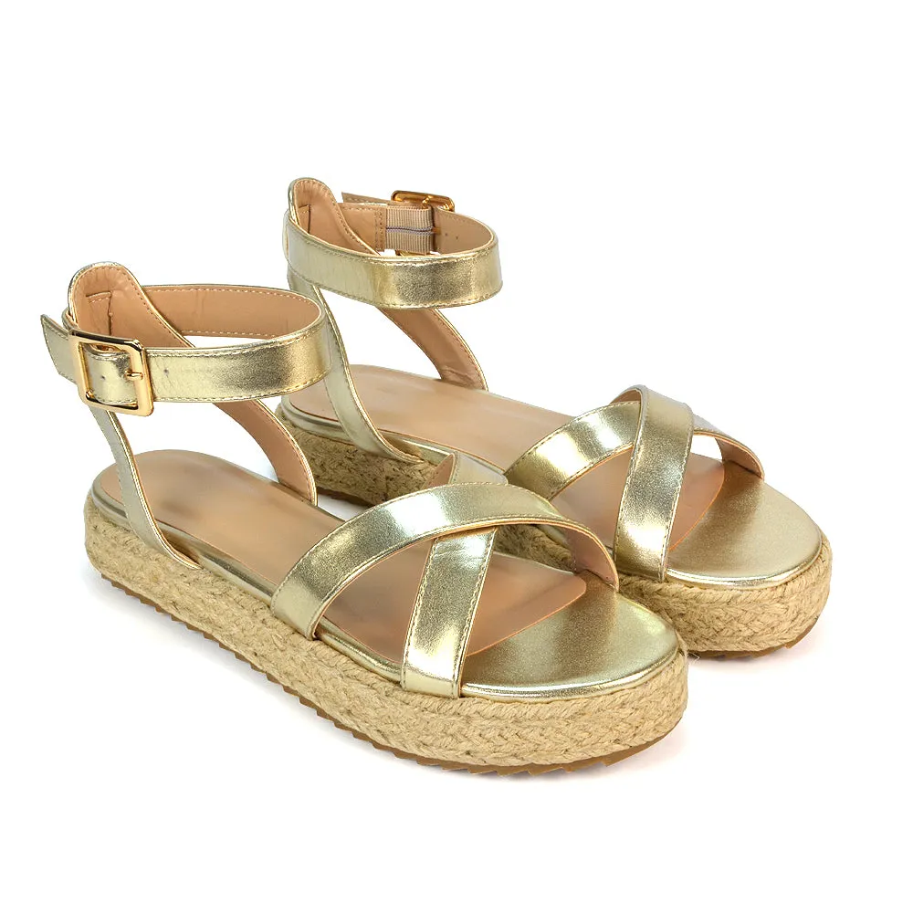 Fran Flatform Strappy Espadrille Flat Summer Sandals In White Synthetic Leather