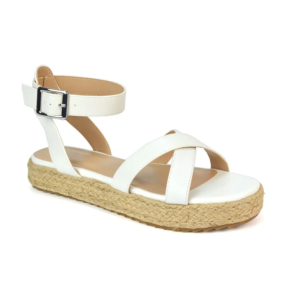 Fran Flatform Strappy Espadrille Flat Summer Sandals In White Synthetic Leather