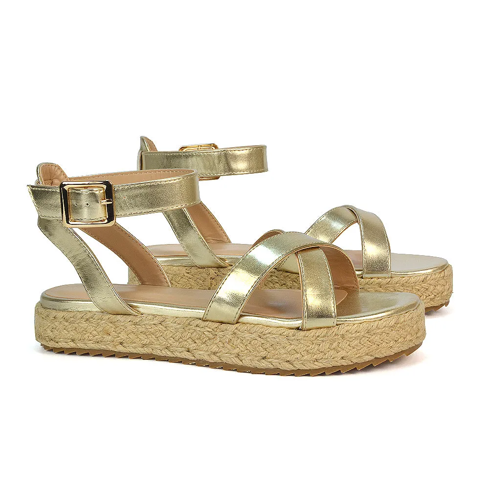 Fran Flatform Strappy Espadrille Flat Summer Sandals In White Synthetic Leather