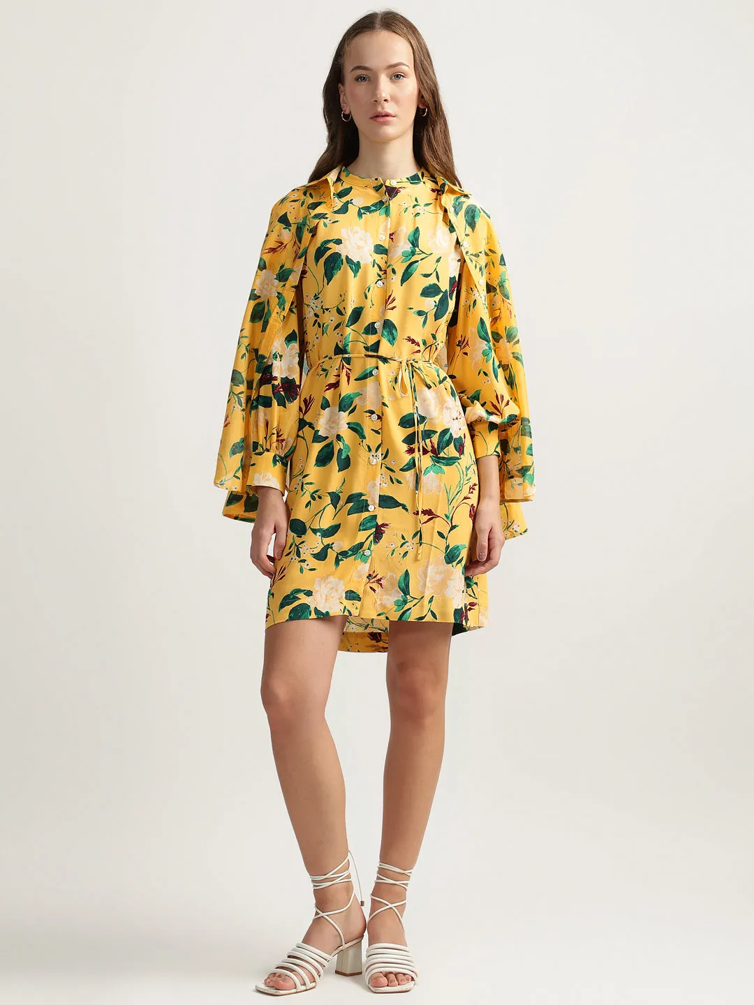 Gant Women Yellow Printed Band Collar Full Sleeves Shirt Dress