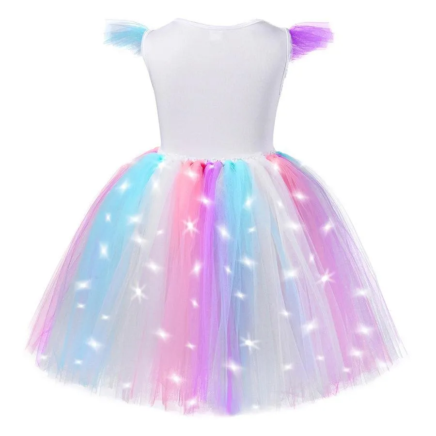 Girls Colorful Unicorn Glowing Princess Dress Carnival Halloween Cosplay Costume 3-8 Years Old Baby Sequined Mesh Skirt Noble and Elegant Birthday Dress