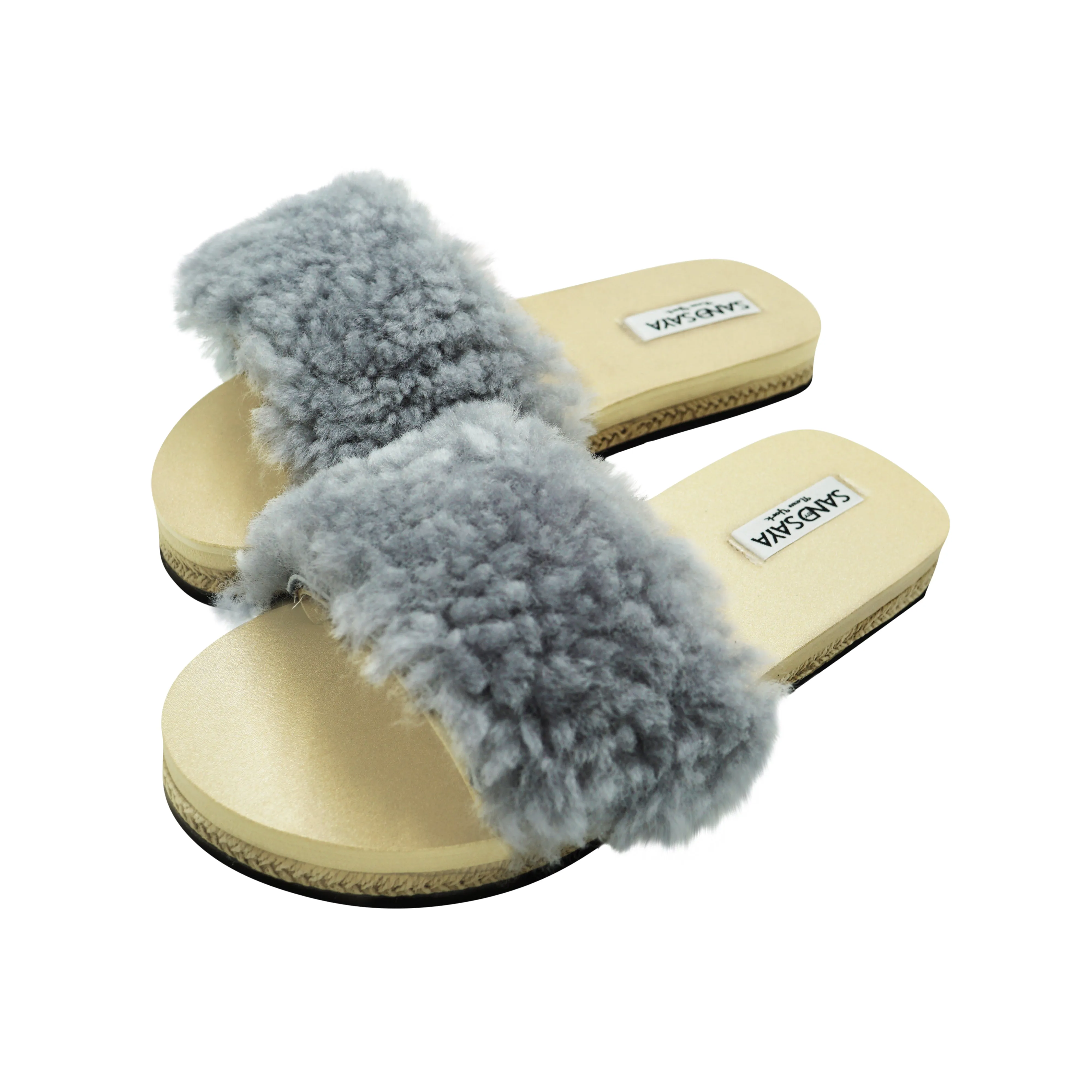 Gray Sheep Fur Slide - Espadrille Flat Slide Sandals