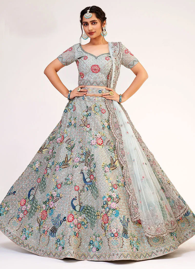 Grey Floral Embroidered Soft Net Wedding Lehenga Choli