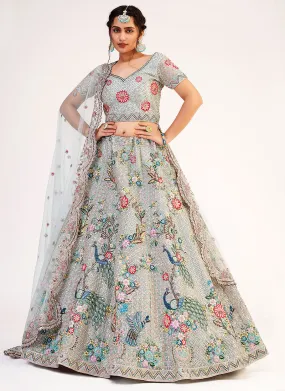 Grey Floral Embroidered Soft Net Wedding Lehenga Choli