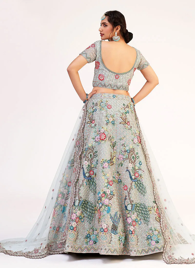 Grey Floral Embroidered Soft Net Wedding Lehenga Choli