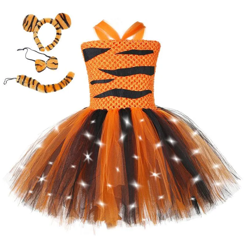 Halloween Animal Cosplay Costumes for Kids Little Tiger Theme Dress Girl's leopard print glowing princess dress Carnival Birthday Banquet Evening Dress