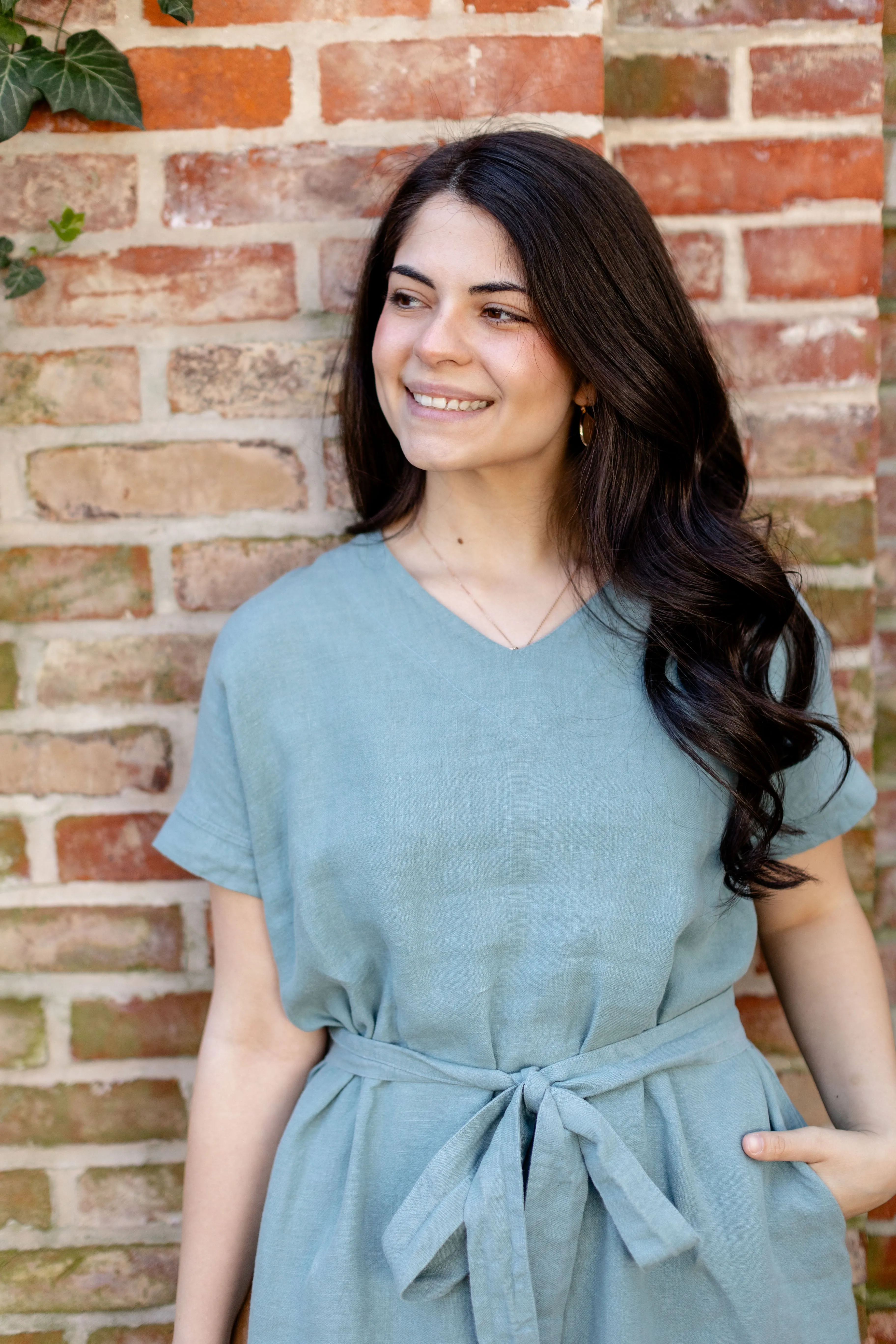 'Harmony' Organic Linen Shift Dress in Bay Green