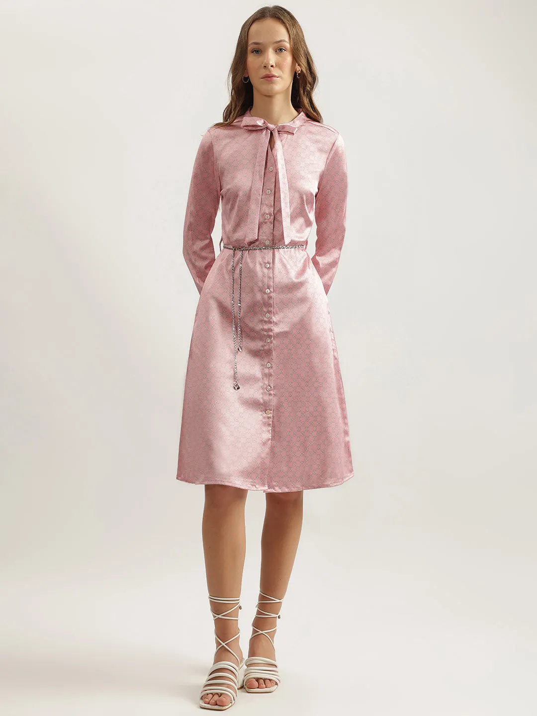 Iconic Women Pink Printed Tie-Up Neck Full Sleeves Shirt Dress