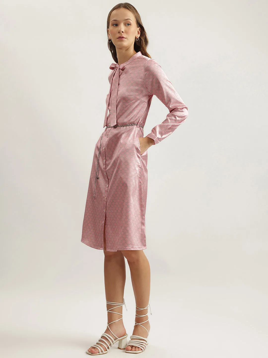 Iconic Women Pink Printed Tie-Up Neck Full Sleeves Shirt Dress