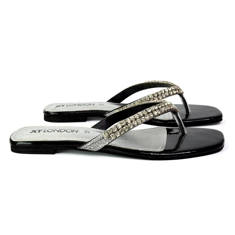 Jazlyn Flat Diamante Flip Flop Sandals Thong Summer Shoes in Black