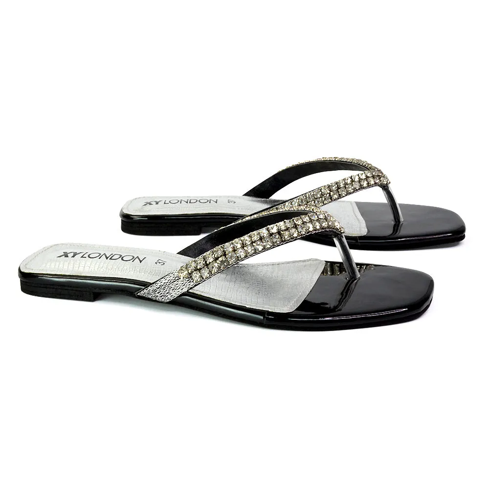 Jazlyn Flat Diamante Flip Flop Sandals Thong Summer Shoes in Black