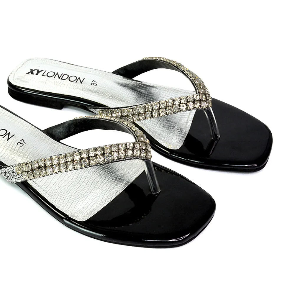 Jazlyn Flat Diamante Flip Flop Sandals Thong Summer Shoes in Black