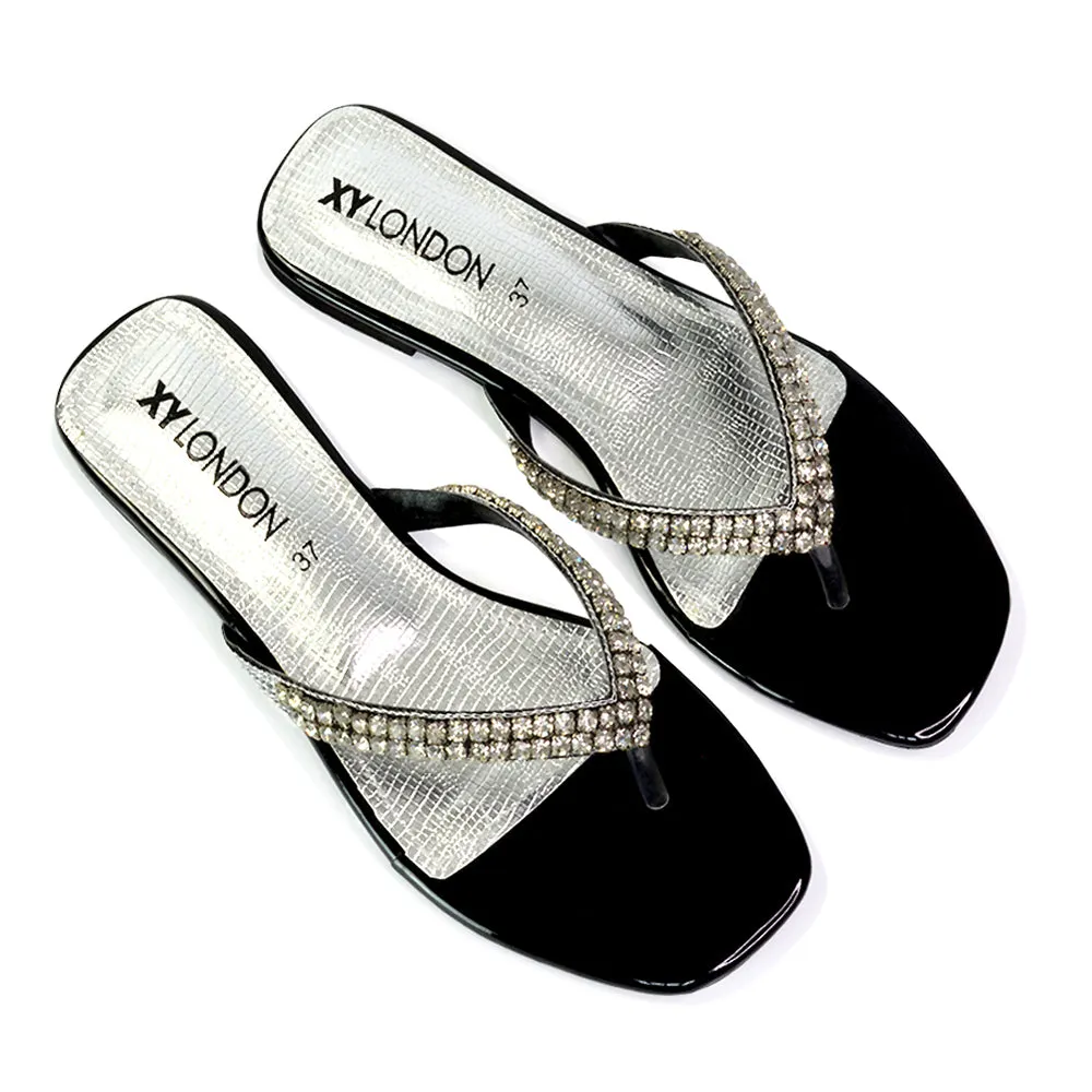 Jazlyn Flat Diamante Flip Flop Sandals Thong Summer Shoes in Black