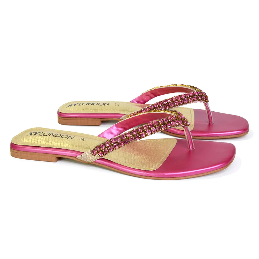 Jazlyn Flat Diamante Flip Flop Sandals Thong Summer Shoes in Gold