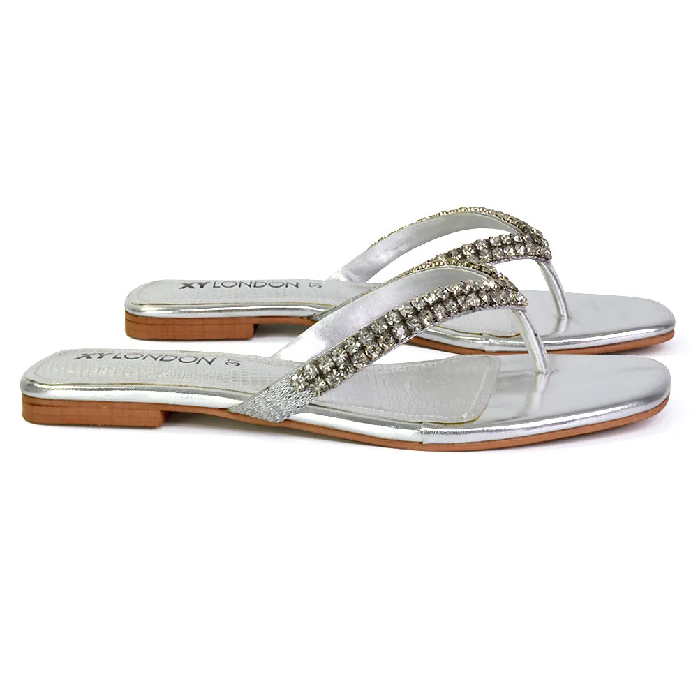 Jazlyn Flat Diamante Flip Flop Sandals Thong Summer Shoes in Gold