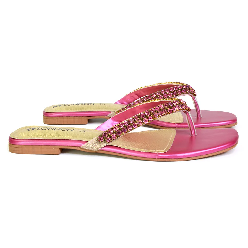 Jazlyn Flat Diamante Flip Flop Sandals Thong Summer Shoes in Gold