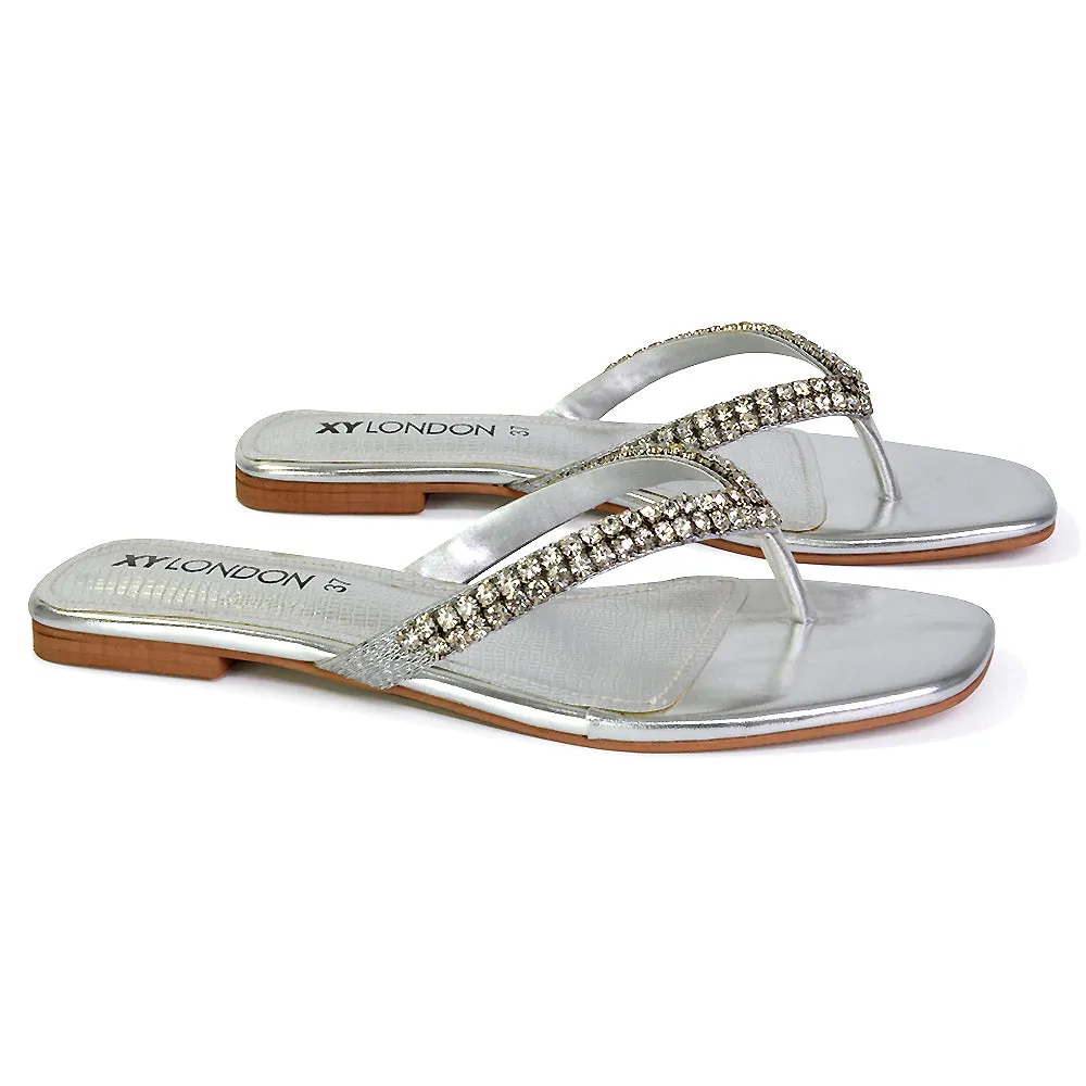 Jazlyn Flat Diamante Flip Flop Sandals Thong Summer Shoes in Gold