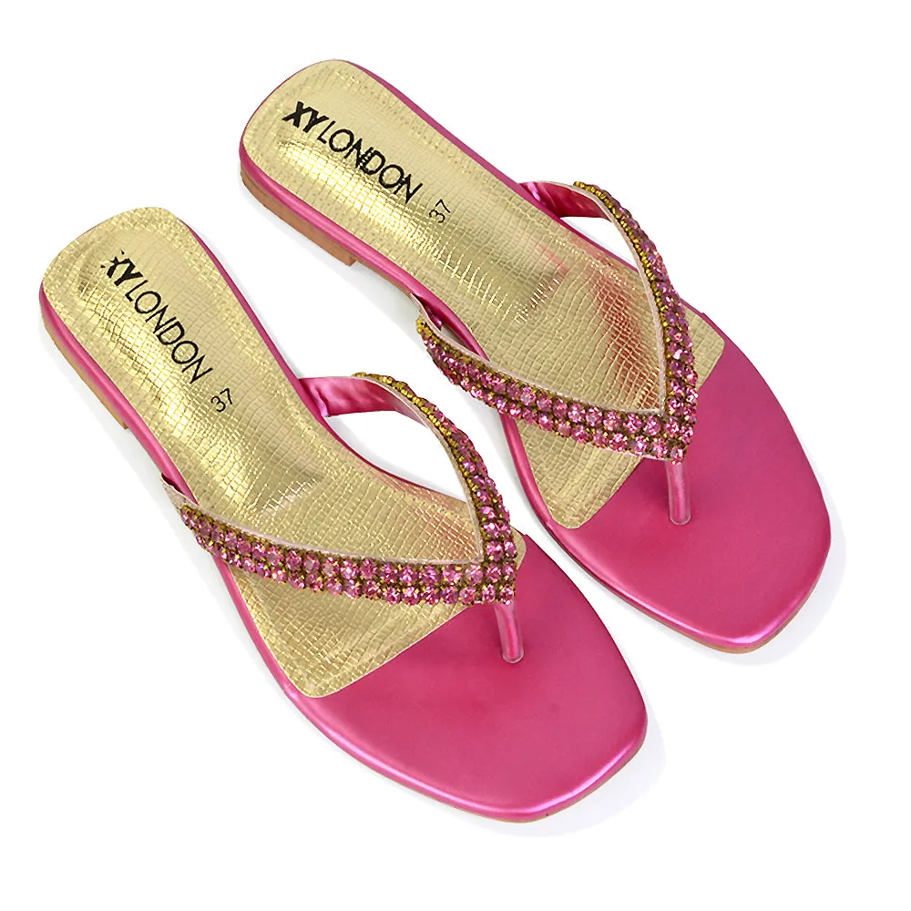 Jazlyn Flat Diamante Flip Flop Sandals Thong Summer Shoes in Gold