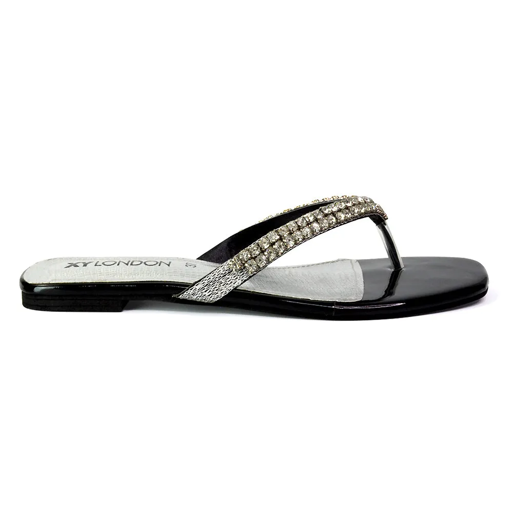 Jazlyn Flat Diamante Flip Flop Sandals Thong Summer Shoes in Navy