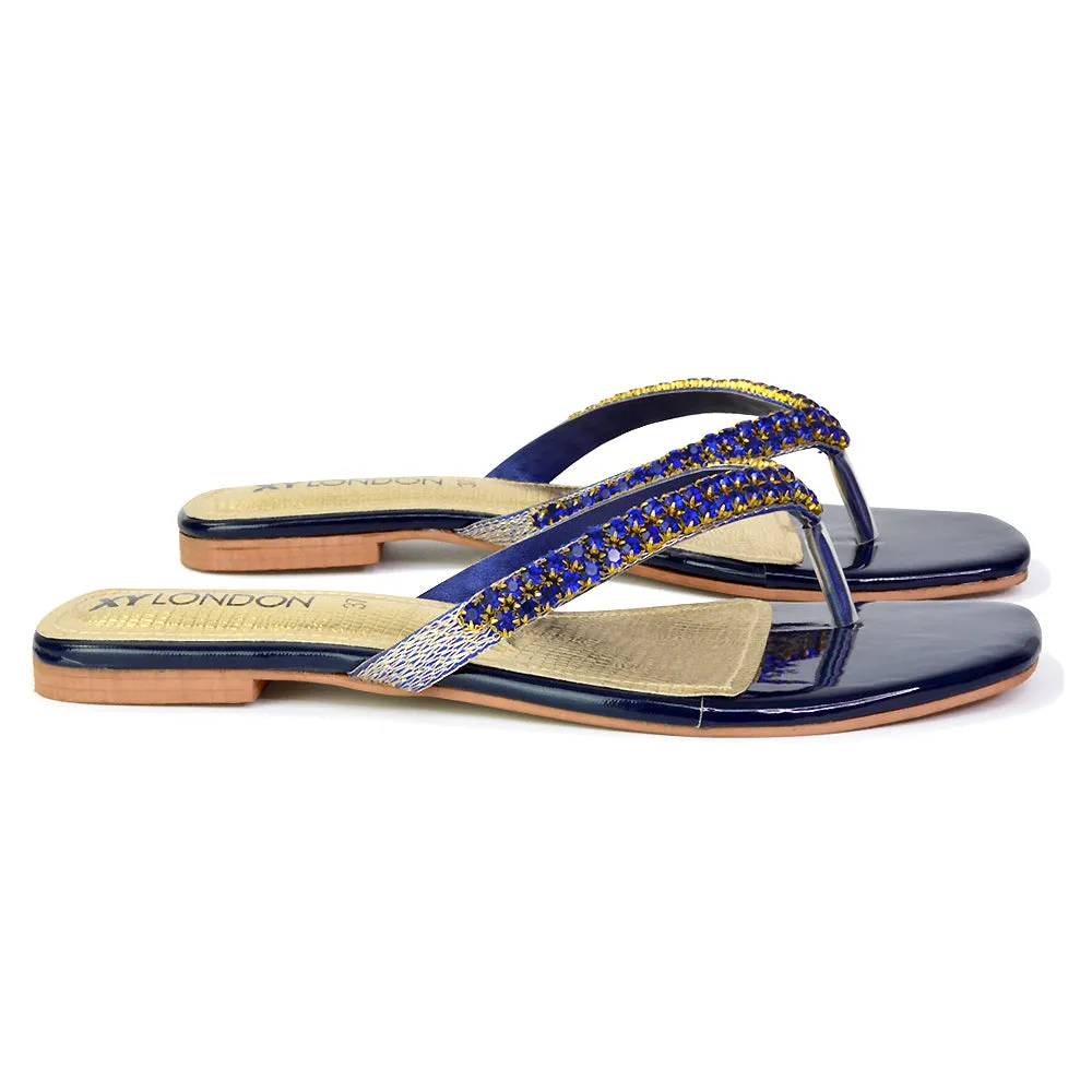 Jazlyn Flat Diamante Flip Flop Sandals Thong Summer Shoes in Navy