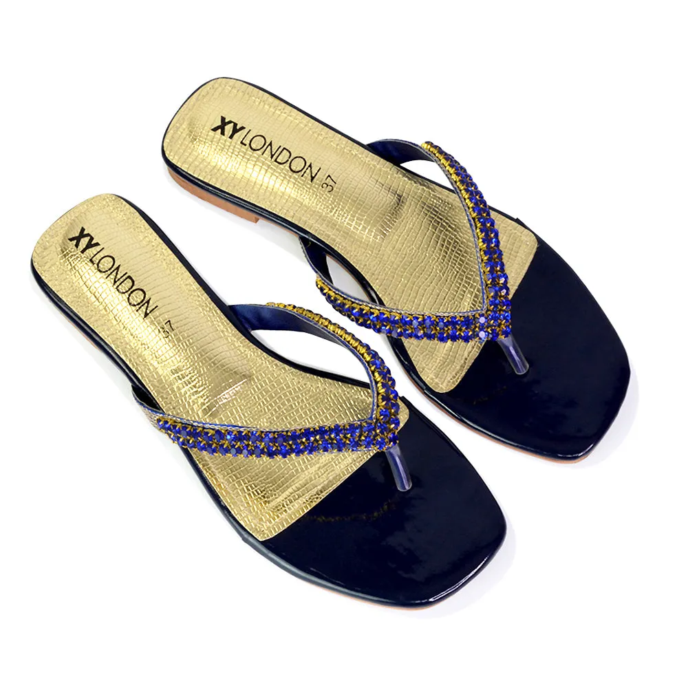 Jazlyn Flat Diamante Flip Flop Sandals Thong Summer Shoes in Navy