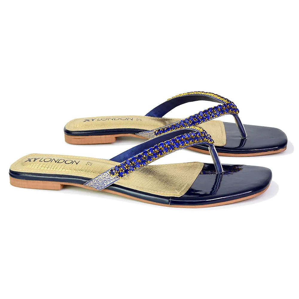 Jazlyn Flat Diamante Flip Flop Sandals Thong Summer Shoes in Navy