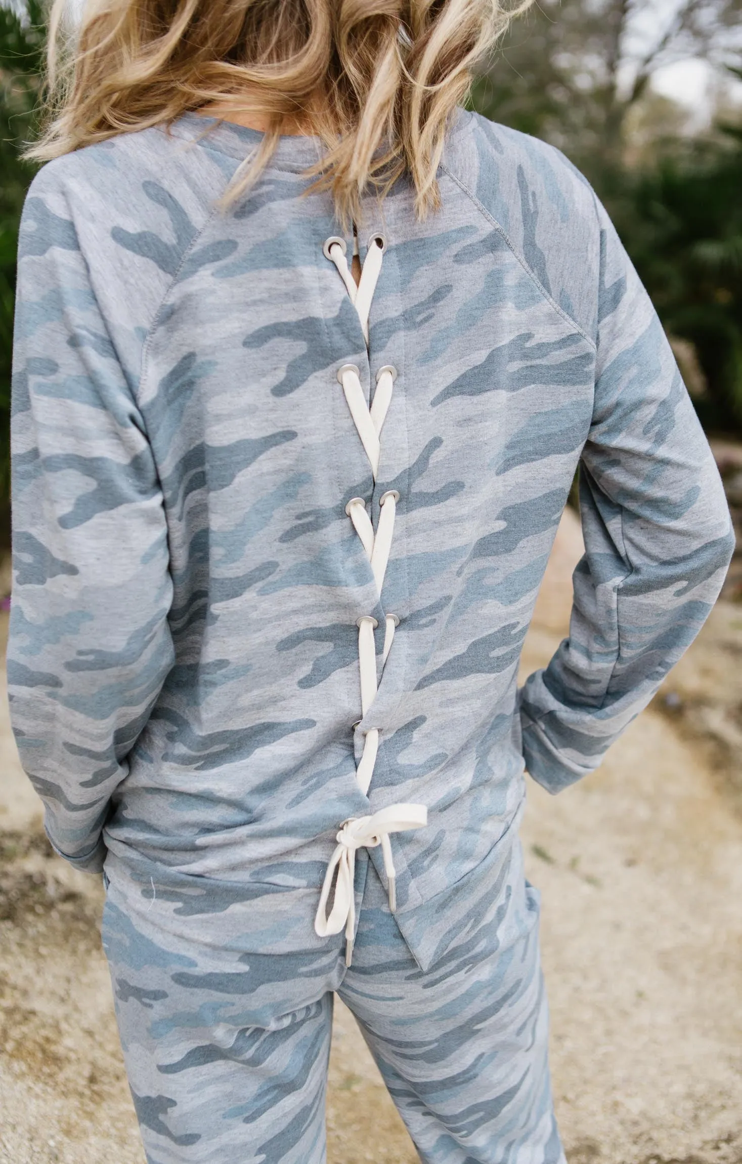 Lace-up Back Camo Sweatshirt