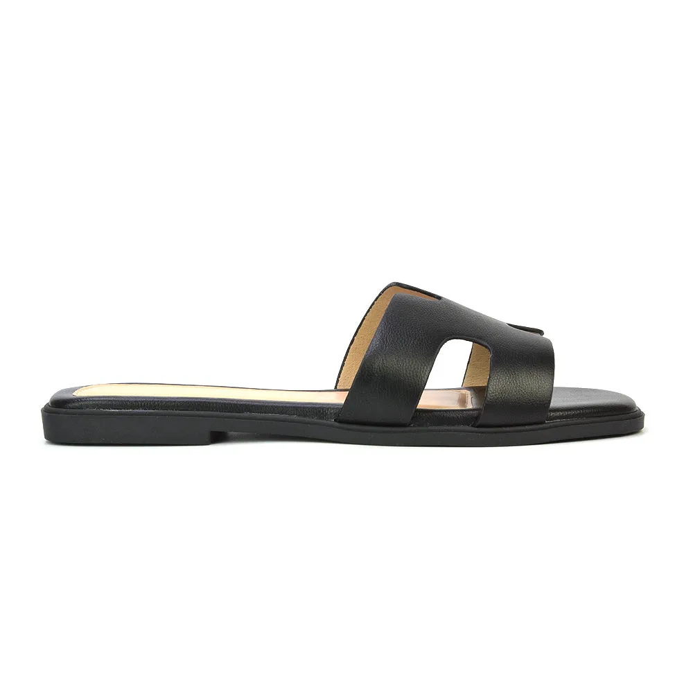 Leanna Cut Out Slip On Flat Sandals Sliders in Black Croc