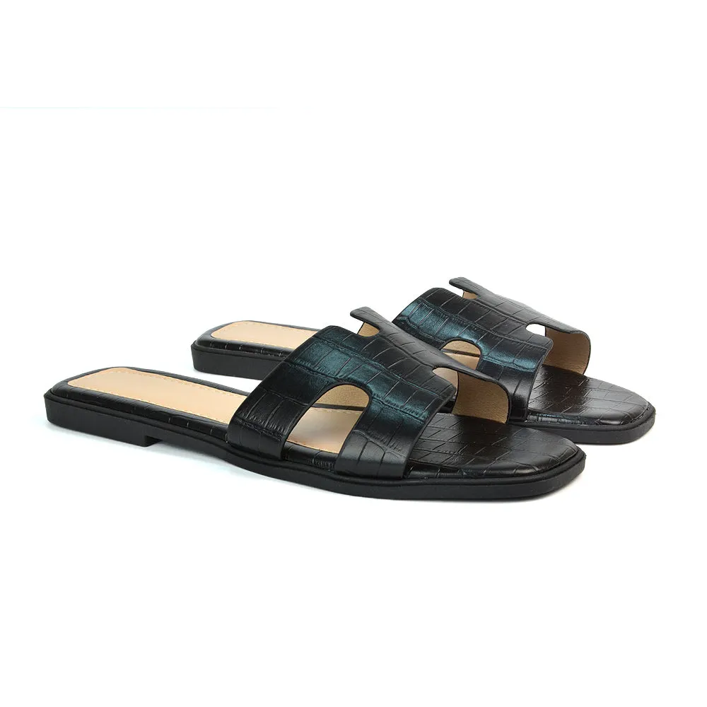 Leanna Cut Out Slip On Flat Sandals Sliders in Black Croc