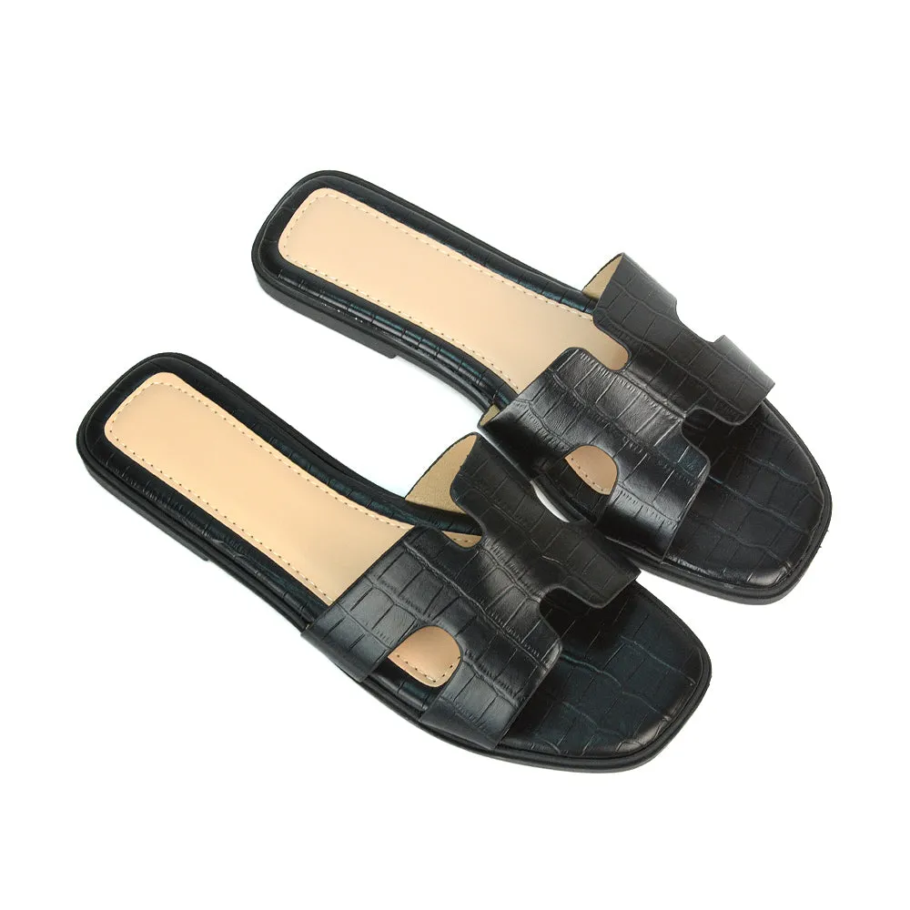 Leanna Cut Out Slip On Flat Sandals Sliders in Black Croc