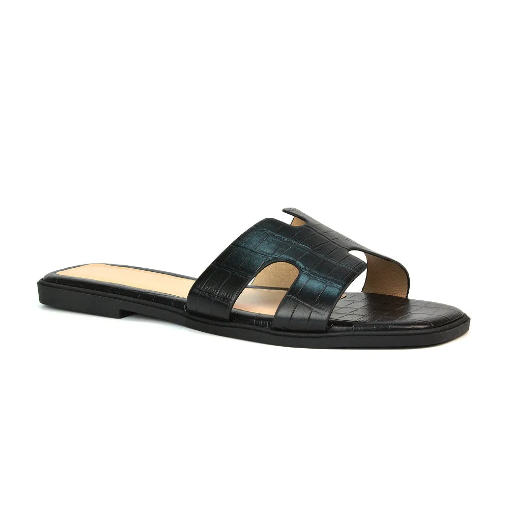 Leanna Cut Out Slip On Flat Sandals Sliders in Black Croc