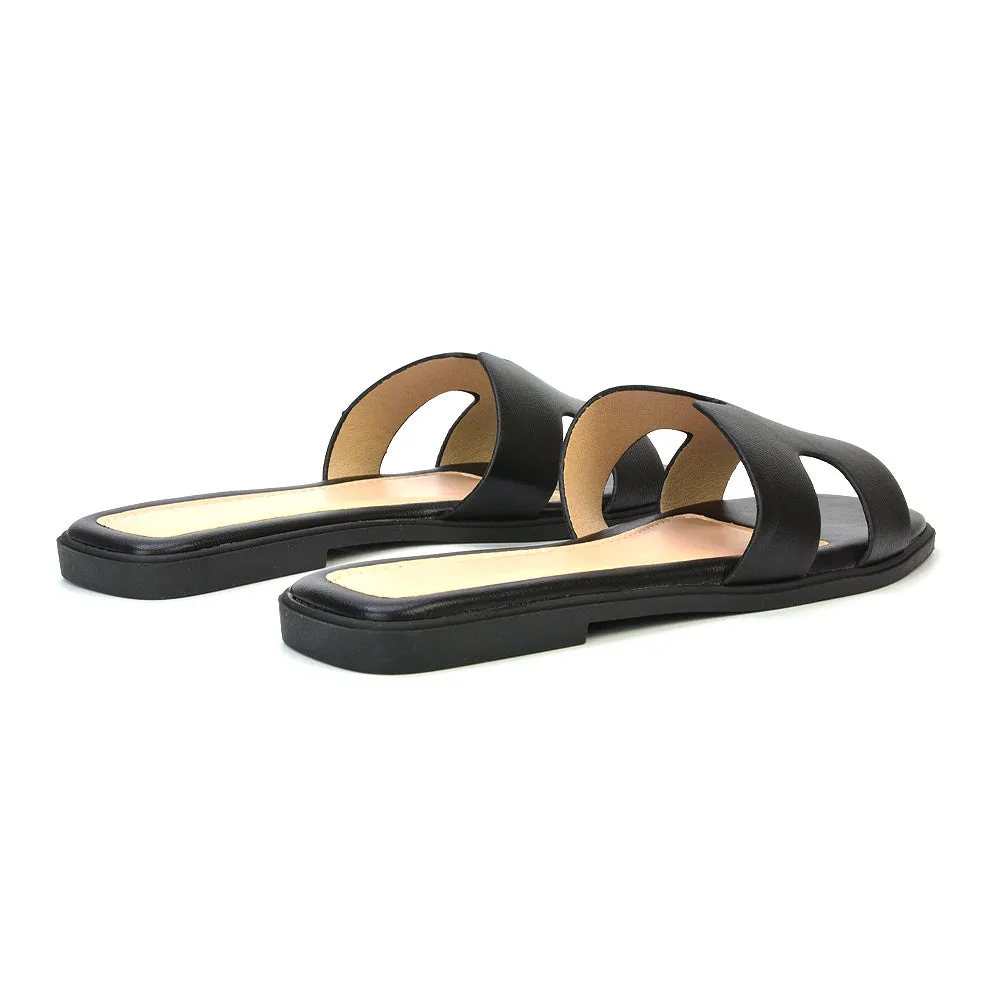 Leanna Cut Out Slip On Flat Sandals Sliders in Black Croc