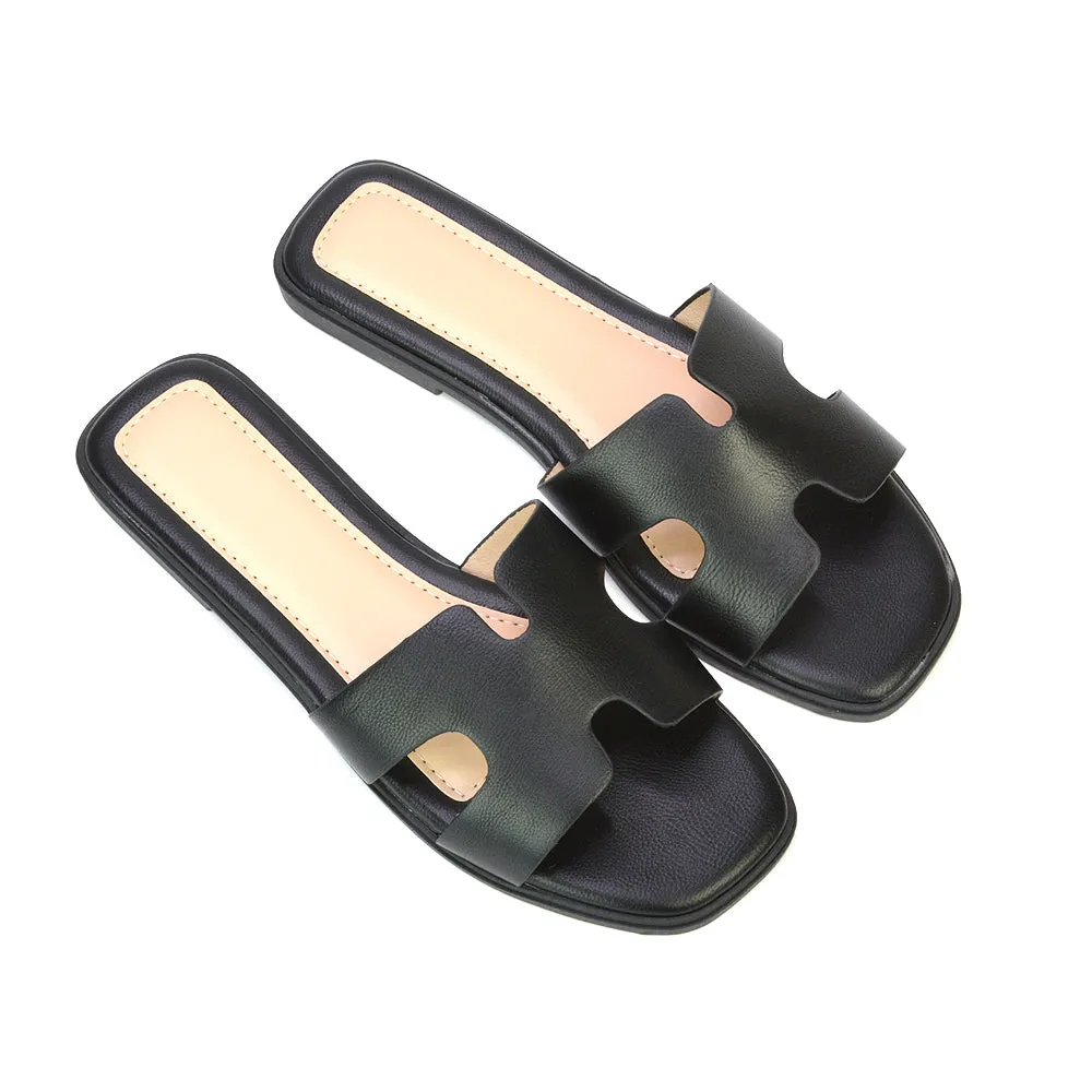 Leanna Cut Out Slip On Flat Sandals Sliders in Black Croc