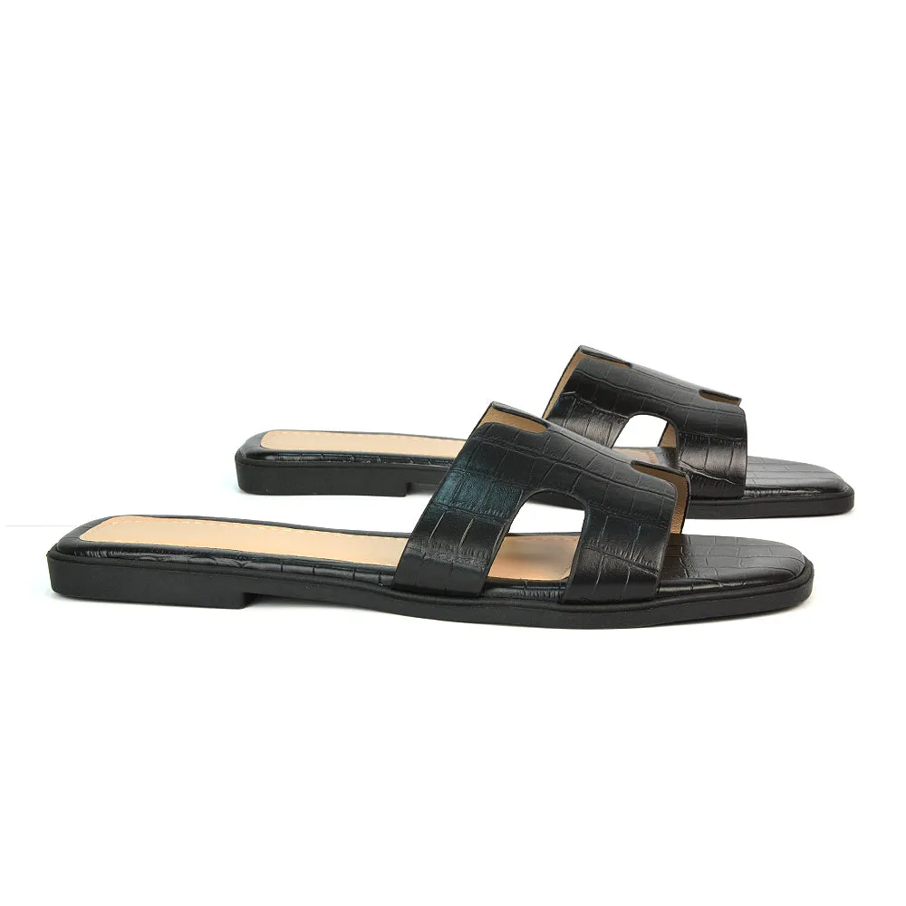 Leanna Cut Out Slip On Flat Sandals Sliders in Black Croc