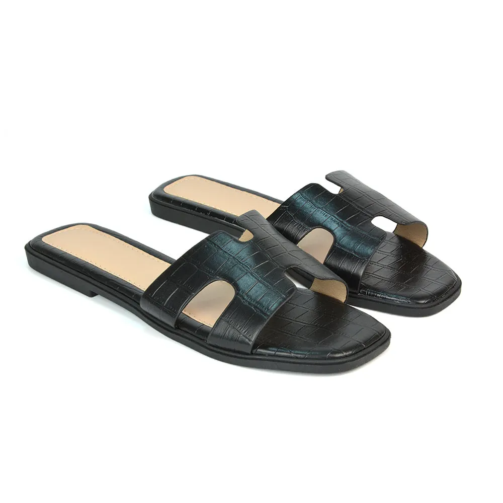 Leanna Cut Out Slip On Flat Sandals Sliders in Black Croc