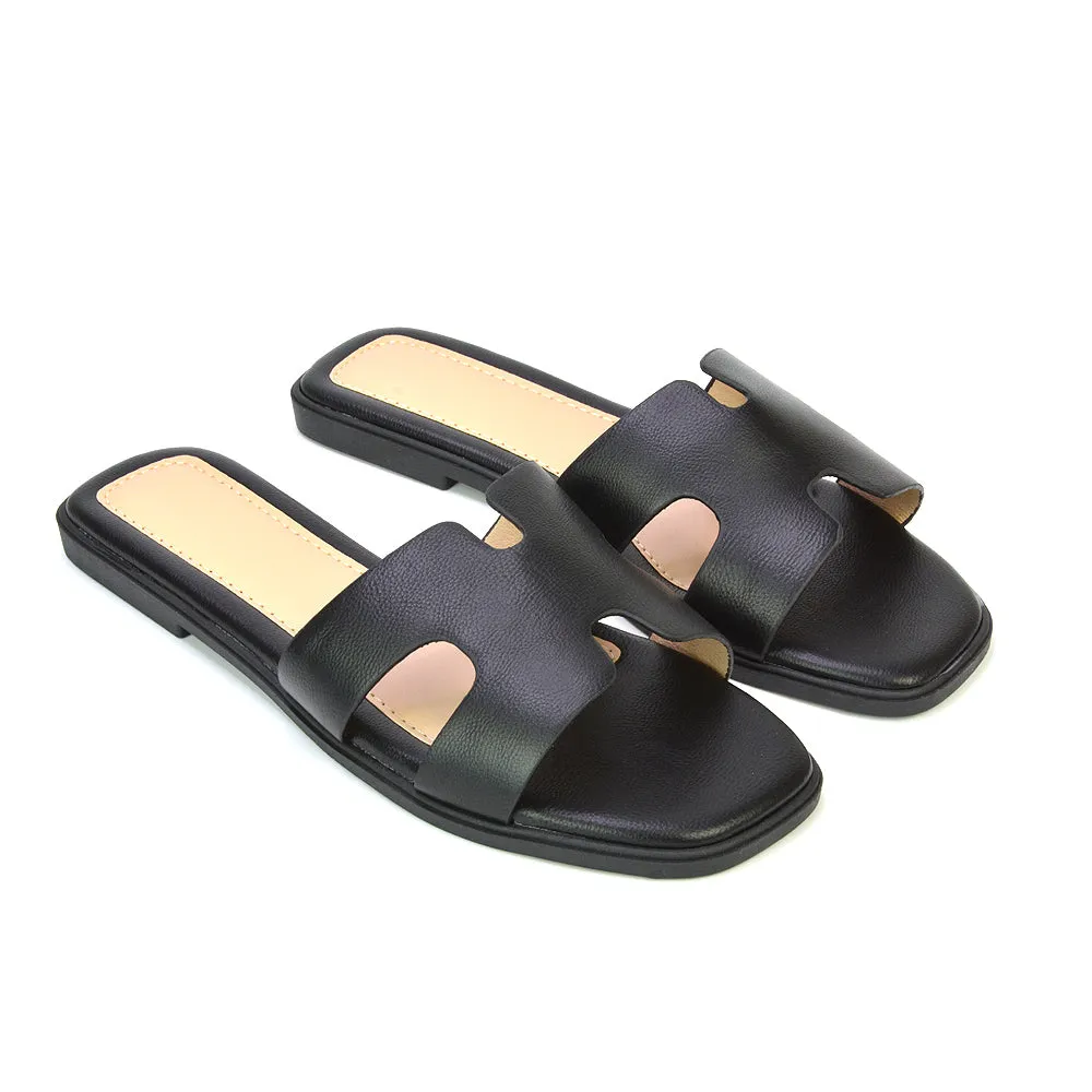 Leanna Cut Out Slip On Flat Sandals Sliders in Black Croc