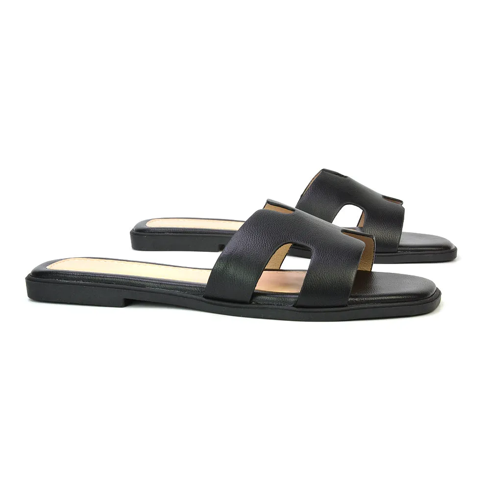 Leanna Cut Out Slip On Flat Sandals Sliders in Black Croc