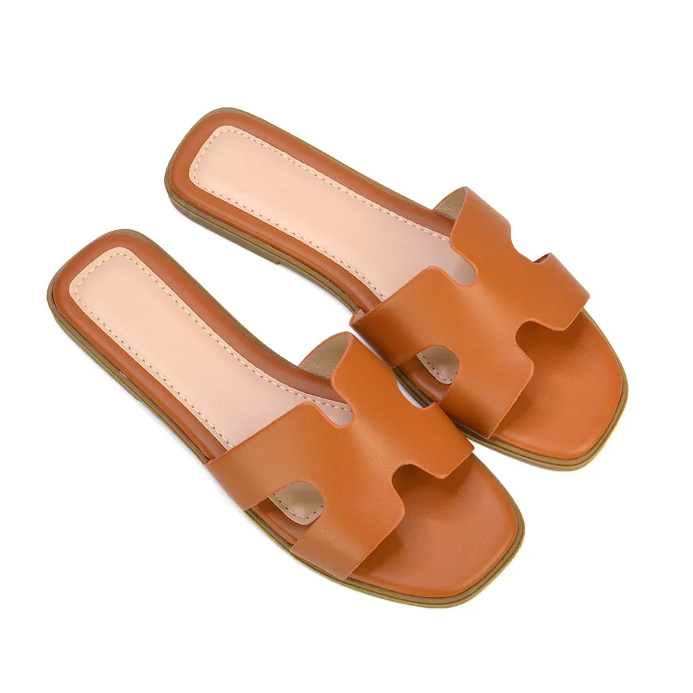 Leanna Cut Out Slip On Flat Sandals Sliders in Gold