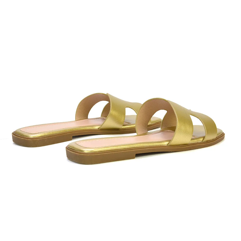 Leanna Cut Out Slip On Flat Sandals Sliders in Gold