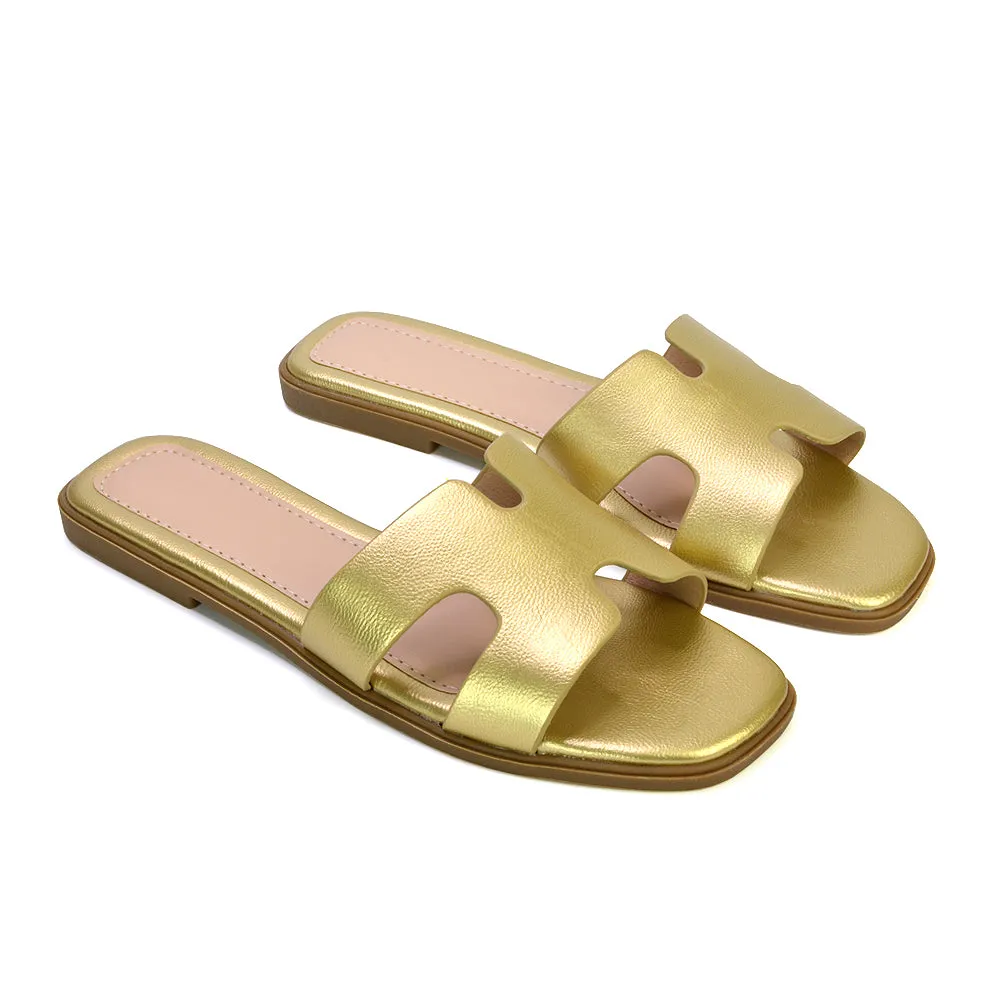 Leanna Cut Out Slip On Flat Sandals Sliders in Gold