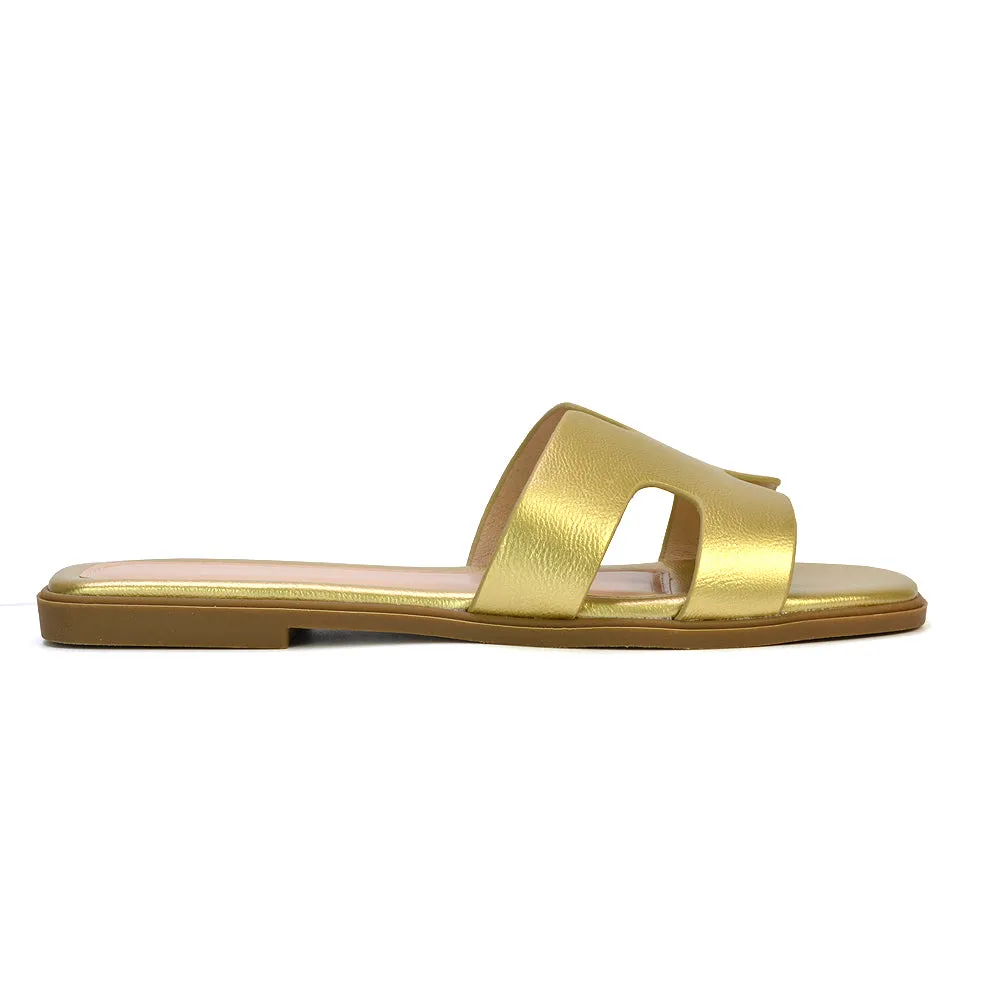 Leanna Cut Out Slip On Flat Sandals Sliders in Gold