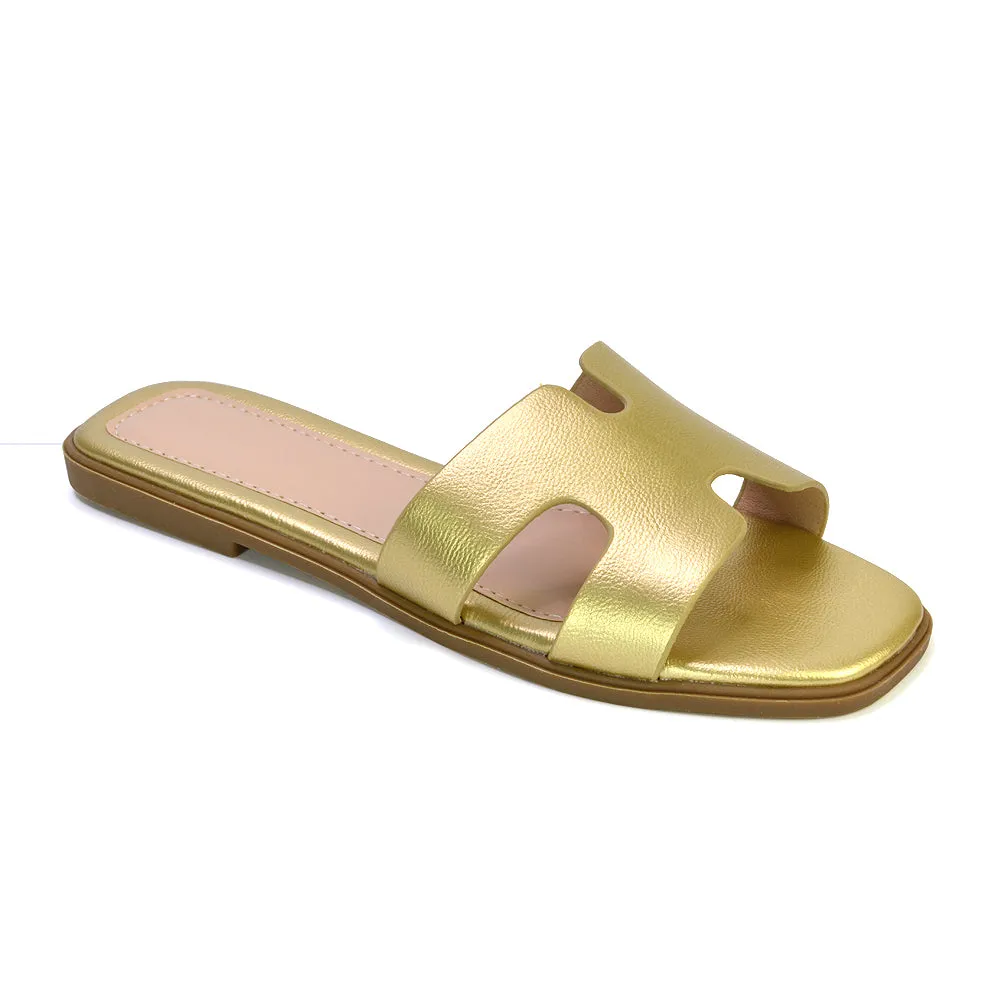 Leanna Cut Out Slip On Flat Sandals Sliders in Gold