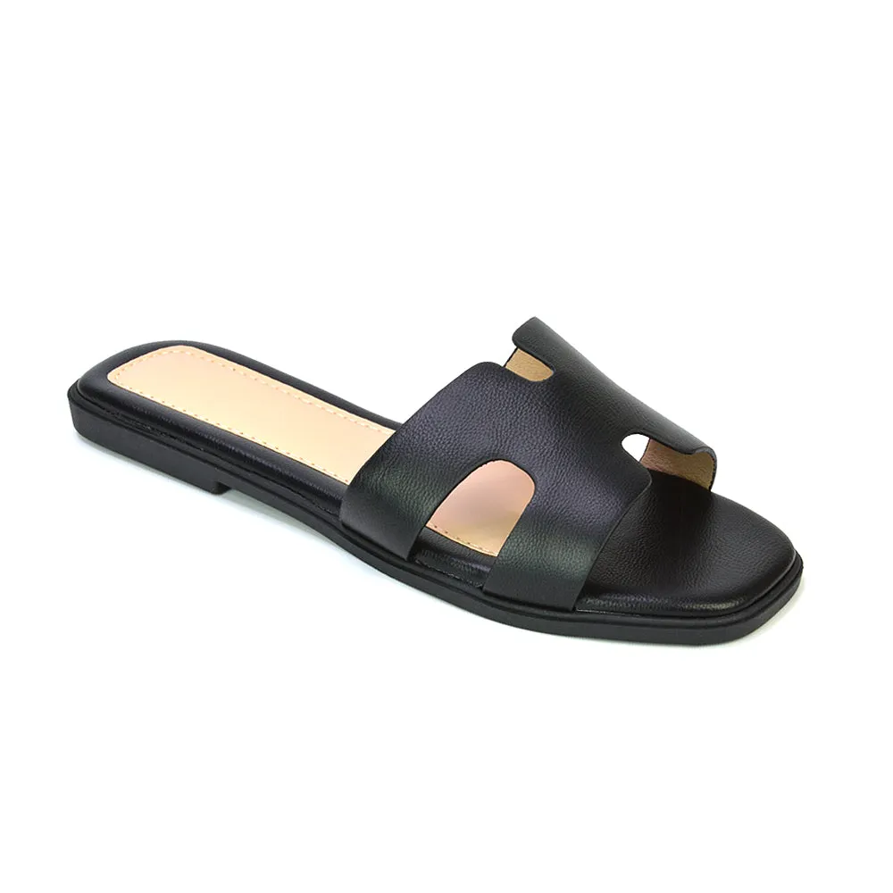 Leanna Cut Out Slip On Flat Sandals Sliders in Gold