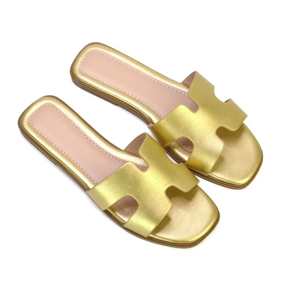 Leanna Cut Out Slip On Flat Sandals Sliders in Gold