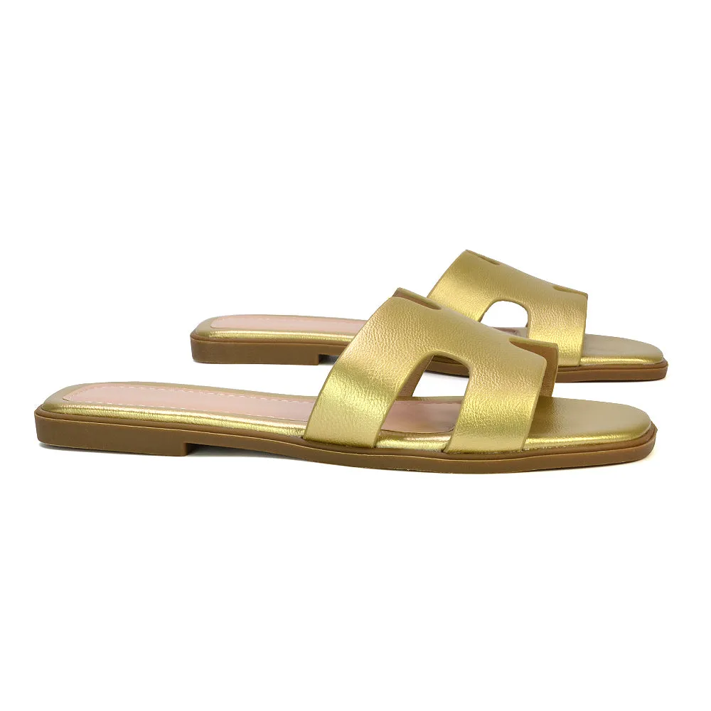 Leanna Cut Out Slip On Flat Sandals Sliders in Gold