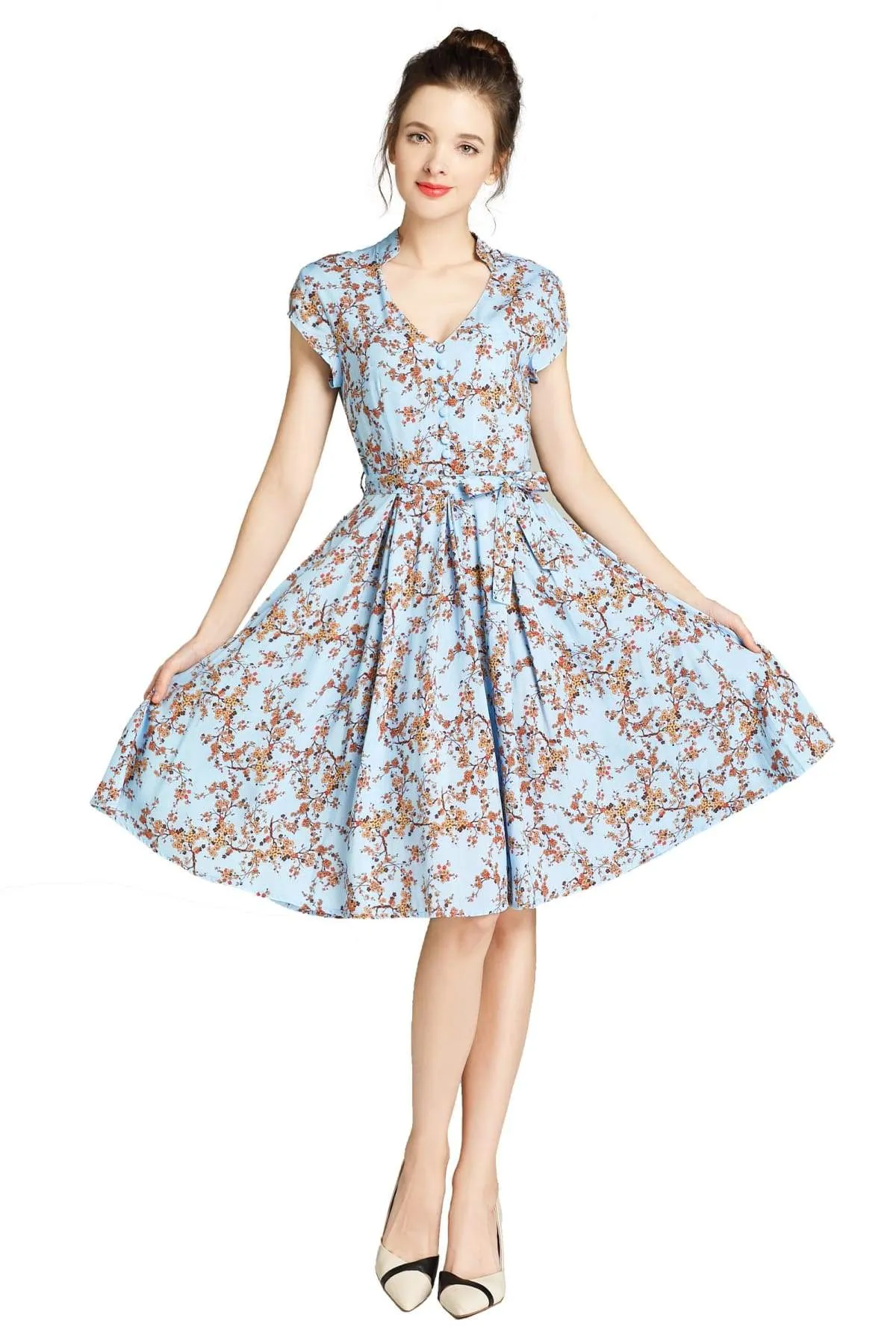 Light Blue Standing Collar V Neck with Orange Blossom Box Pleated Dress with Pockets