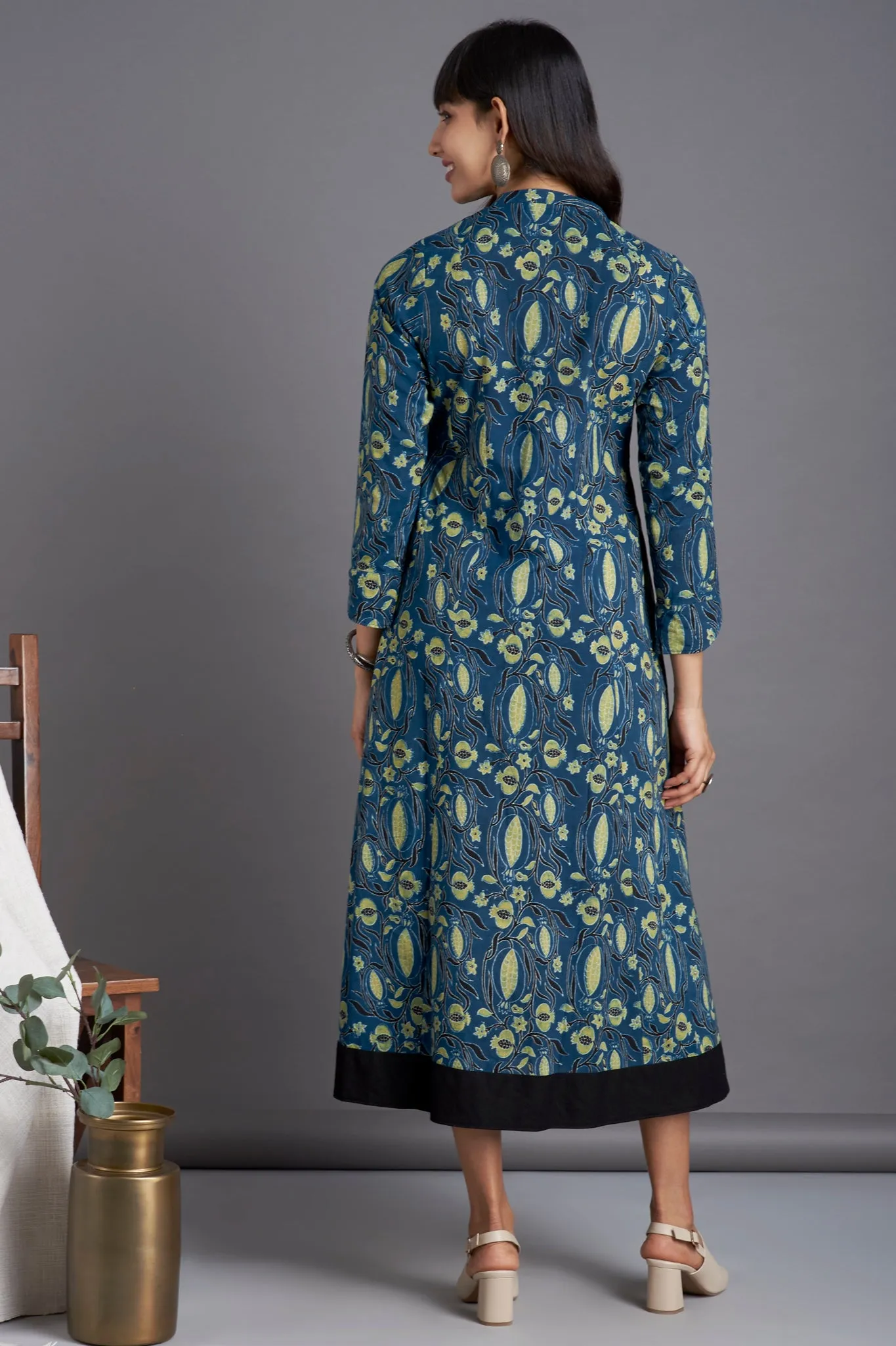 long button down dress - marine blue & pomegranate motifs