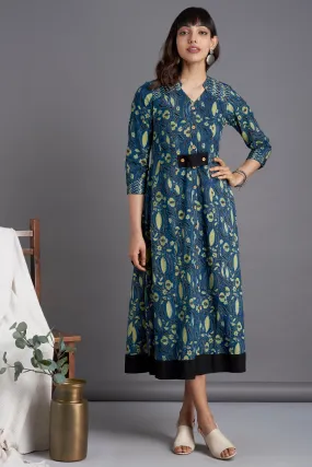 long button down dress - marine blue & pomegranate motifs